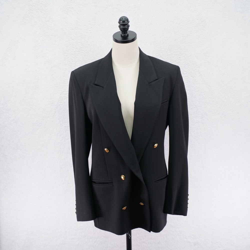 Austin Reed Women's Wool Gold Button Blazer Double Breasted Peak Lapel Black 8